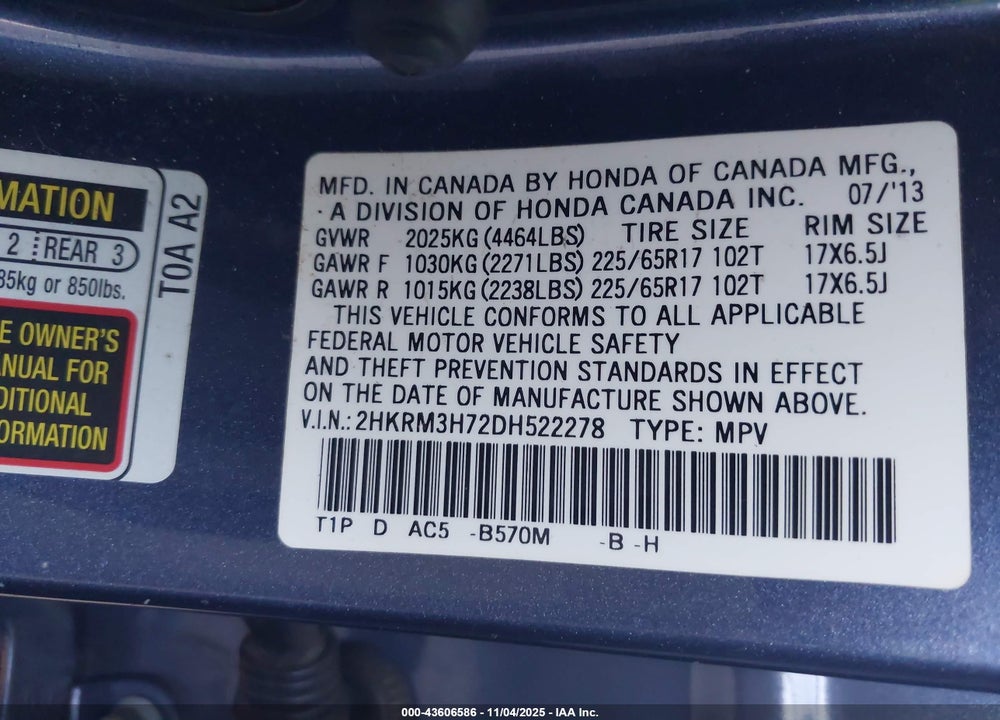 2013 HONDA CR-V EX-L VIN: 2HKRM3H72DH522278