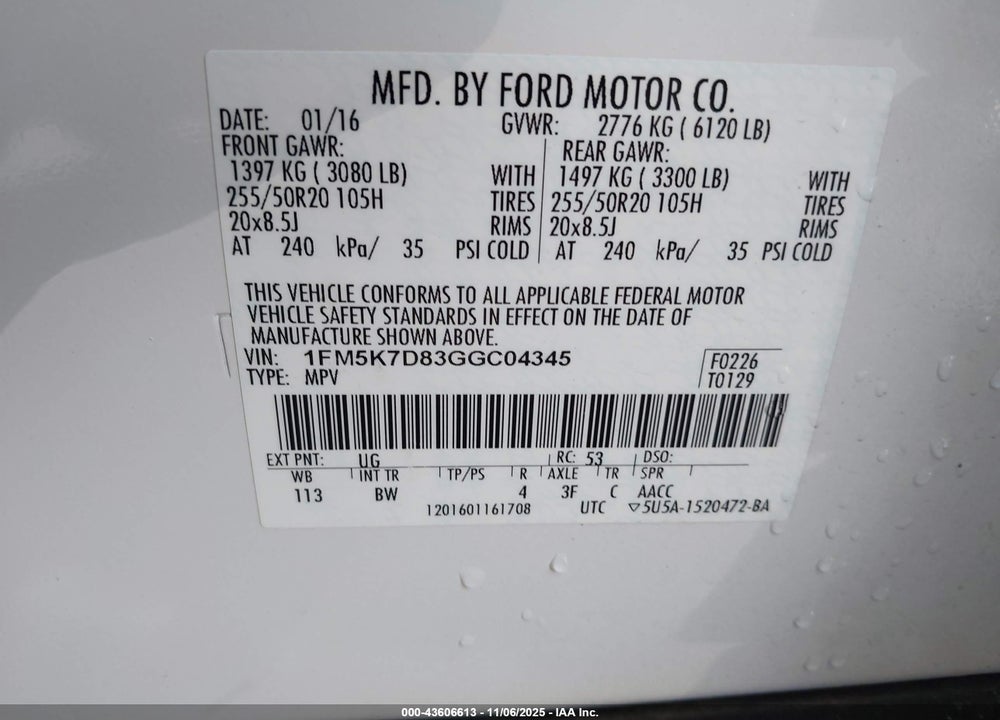 2016 FORD EXPLORER XLT VIN: 1FM5K7D83GGC04345