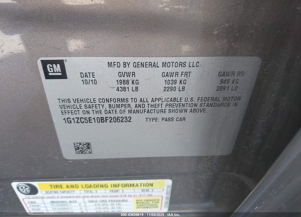 2011 CHEVROLET MALIBU 1LT VIN: 1G1ZC5E10BF206232