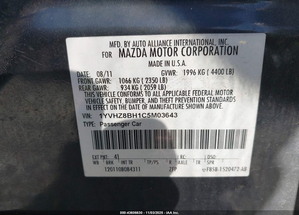 2012 MAZDA 6 I SPORT VIN: 1YVHZ8BH1C5M03643