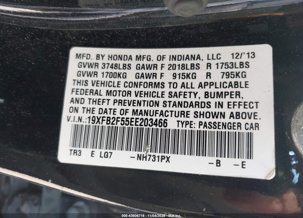 2014 HONDA CIVIC LX VIN: 19XFB2F55EE203466
