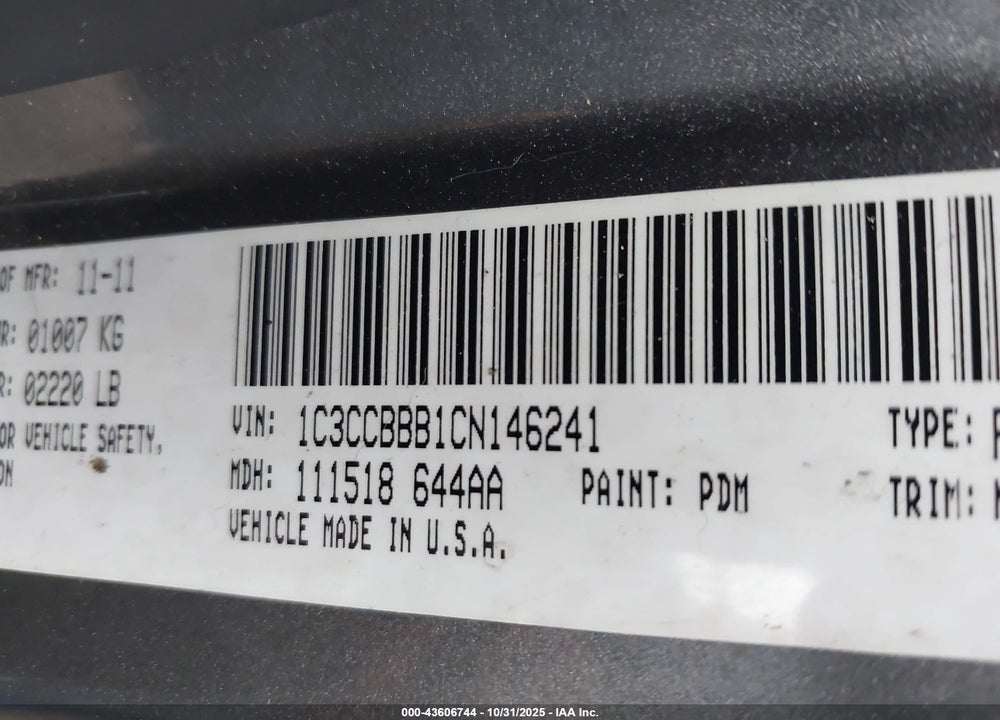 2012 CHRYSLER 200 TOURING VIN: 1C3CCBBB1CN146241
