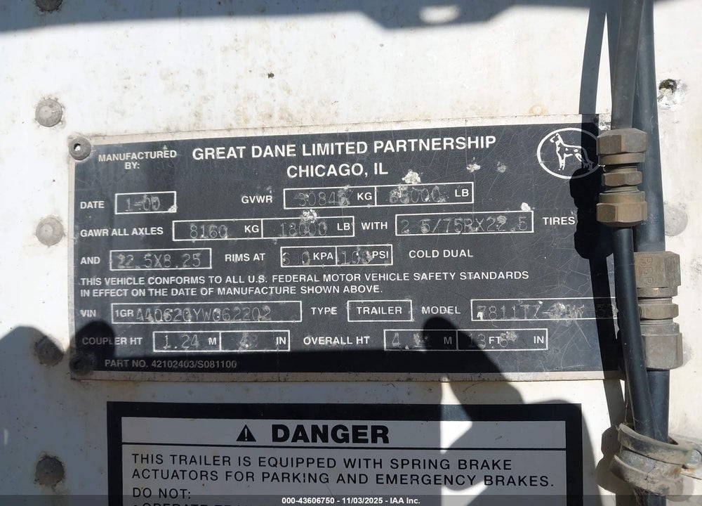 2000 GREAT DANE TRAILERS TRAILER VIN: 1GRAA0620YW062202