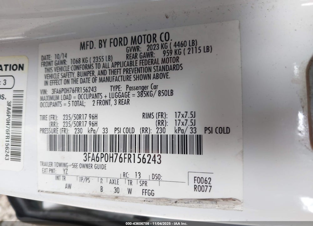 2015 FORD FUSION VIN: 3FA6P0H76FR156243