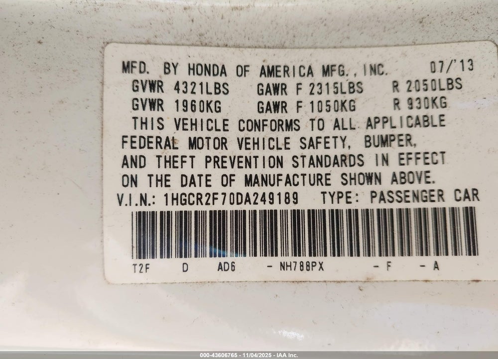 2013 HONDA ACCORD VIN: 1HGCR2F70DA249189