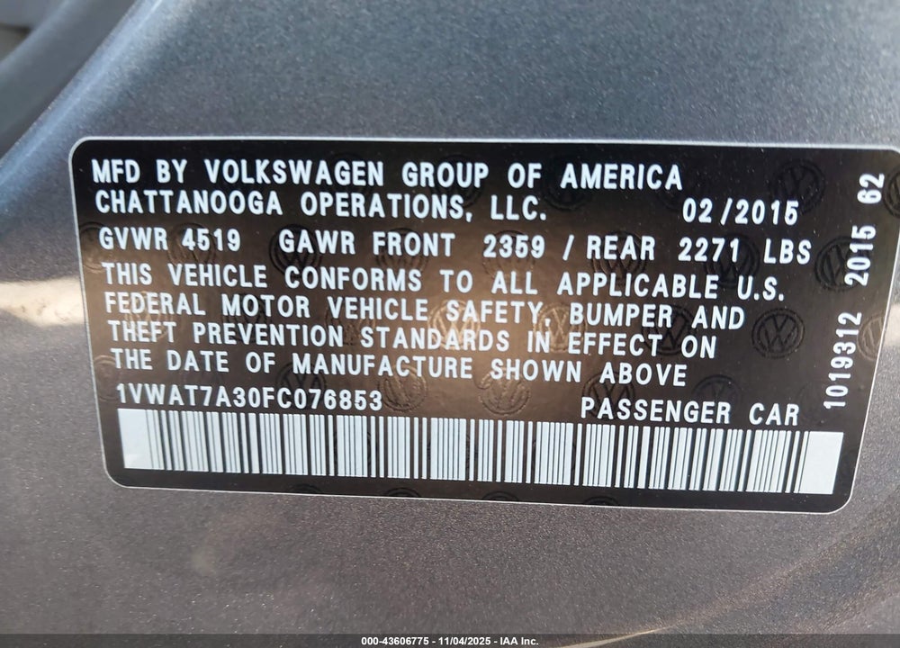 2015 VOLKSWAGEN PASSAT VIN: 1VWAT7A30FC076853