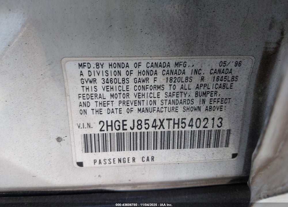 1996 HONDA CIVIC EX VIN: 2HGEJ854XTH540213