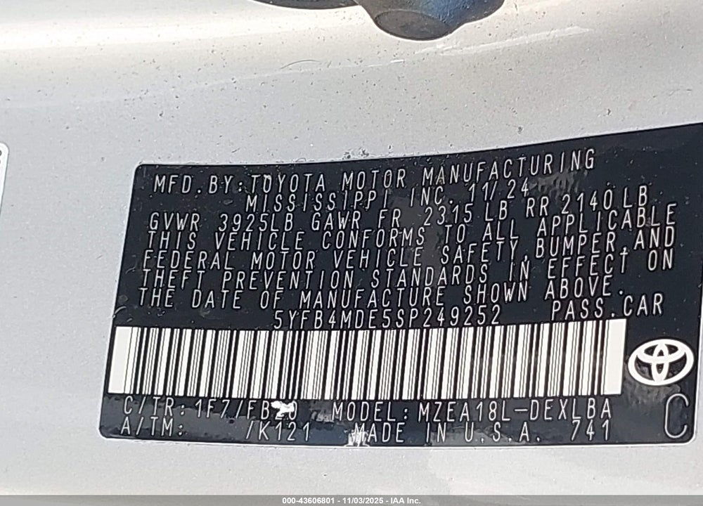 2025 TOYOTA COROLLA LE VIN: 5YFB4MDE5SP249252