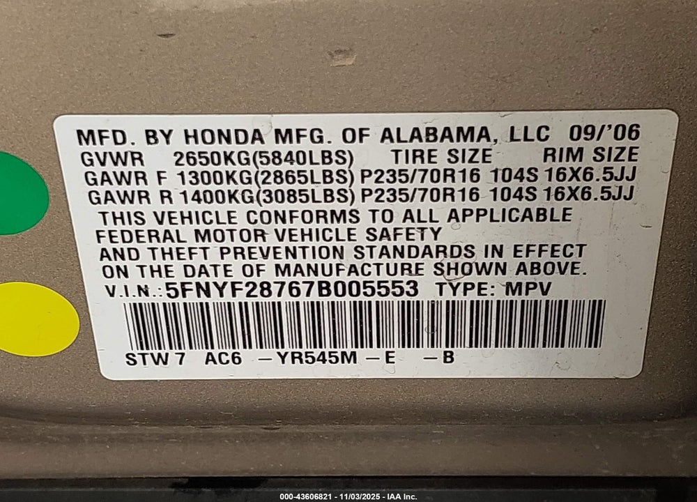 2007 HONDA PILOT VIN: 5FNYF28767B005553