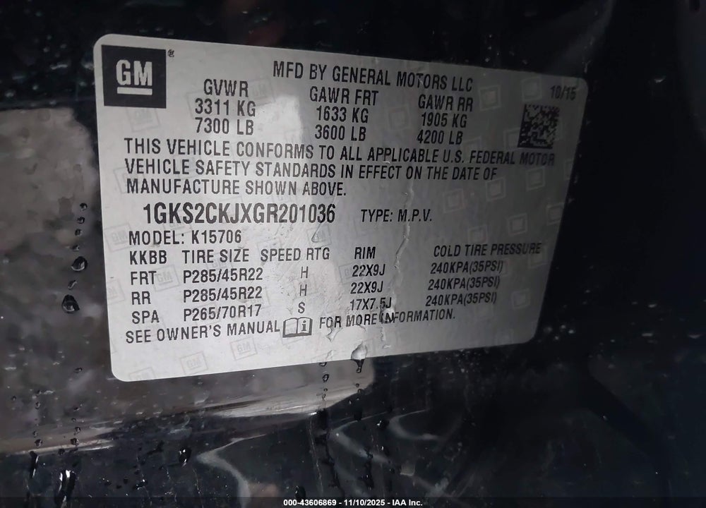 2016 GMC YUKON DENALI VIN: 1GKS2CKJXGR201036