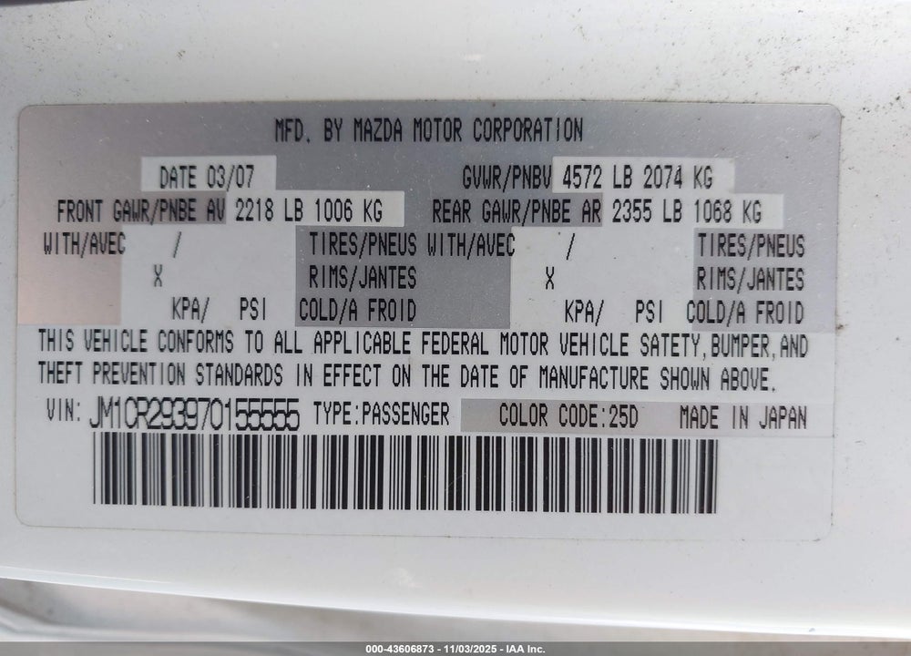 2007 MAZDA 5 TOURING VIN: JM1CR293970155555