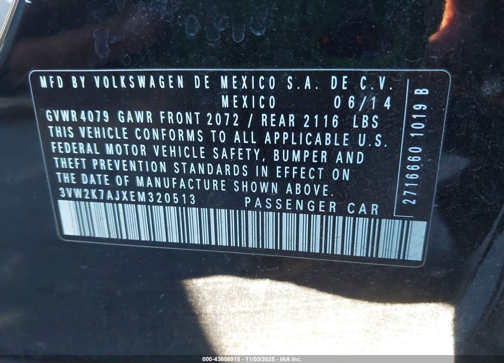 2014 VOLKSWAGEN JETTA VIN: 3VW2K7AJXEM320513