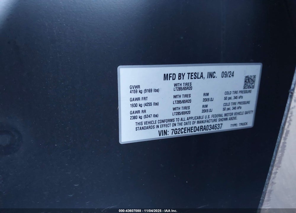 2024 TESLA CYBERTRUCK ALL-WHEEL DRIVE VIN: 7G2CEHED4RA034637