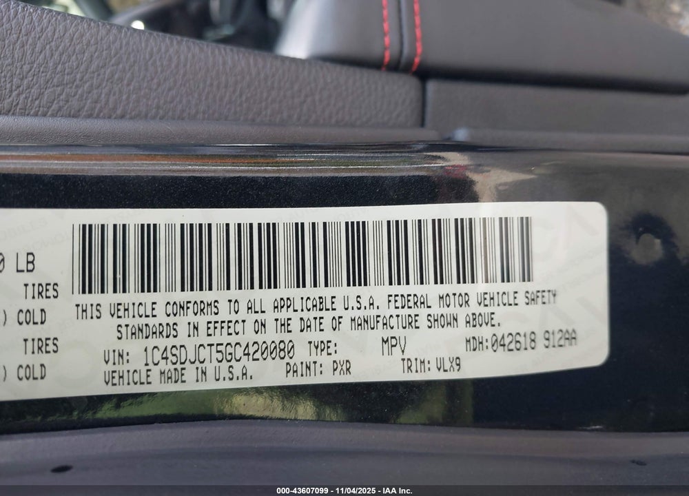 2016 DODGE DURANGO R/T VIN: 1C4SDJCT5GC420080