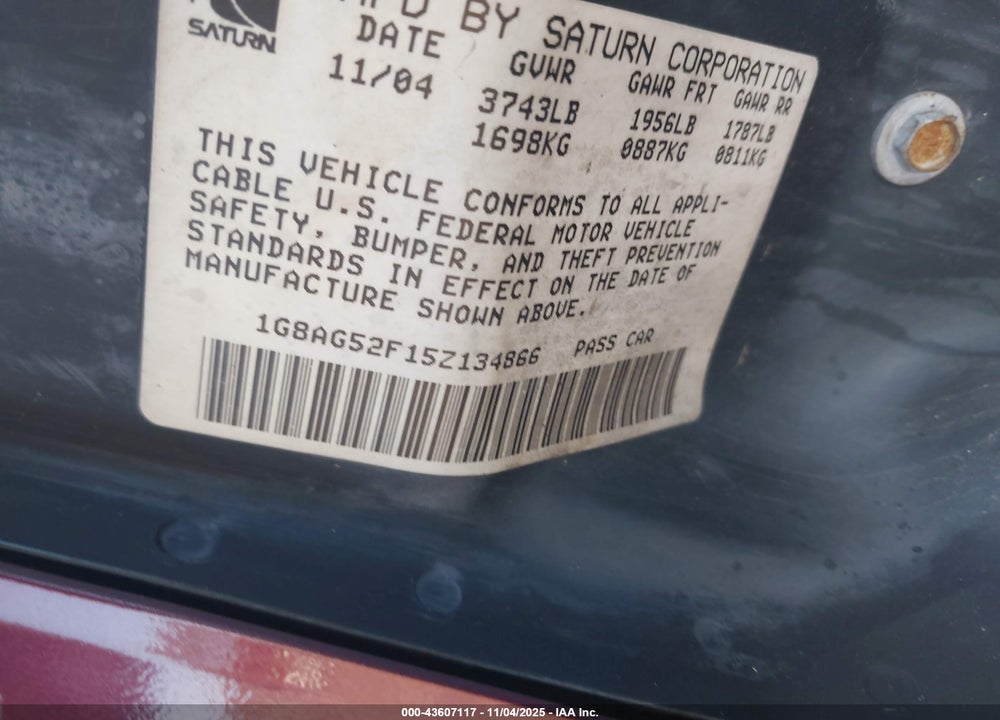 2005 SATURN ION 1 VIN: 1G8AG52F15Z134866