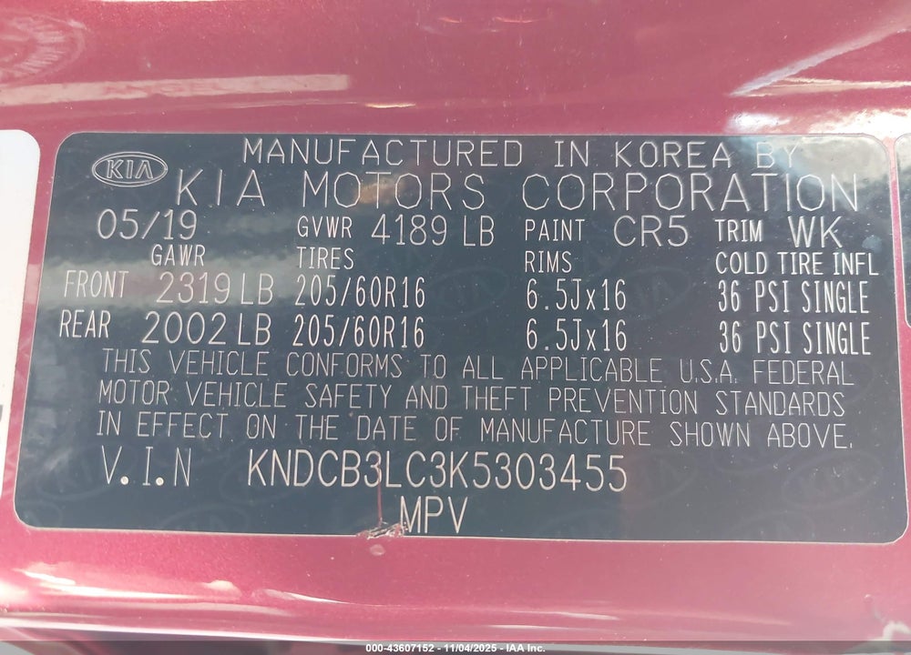 2019 KIA NIRO VIN: KNDCB3LC3K5303455