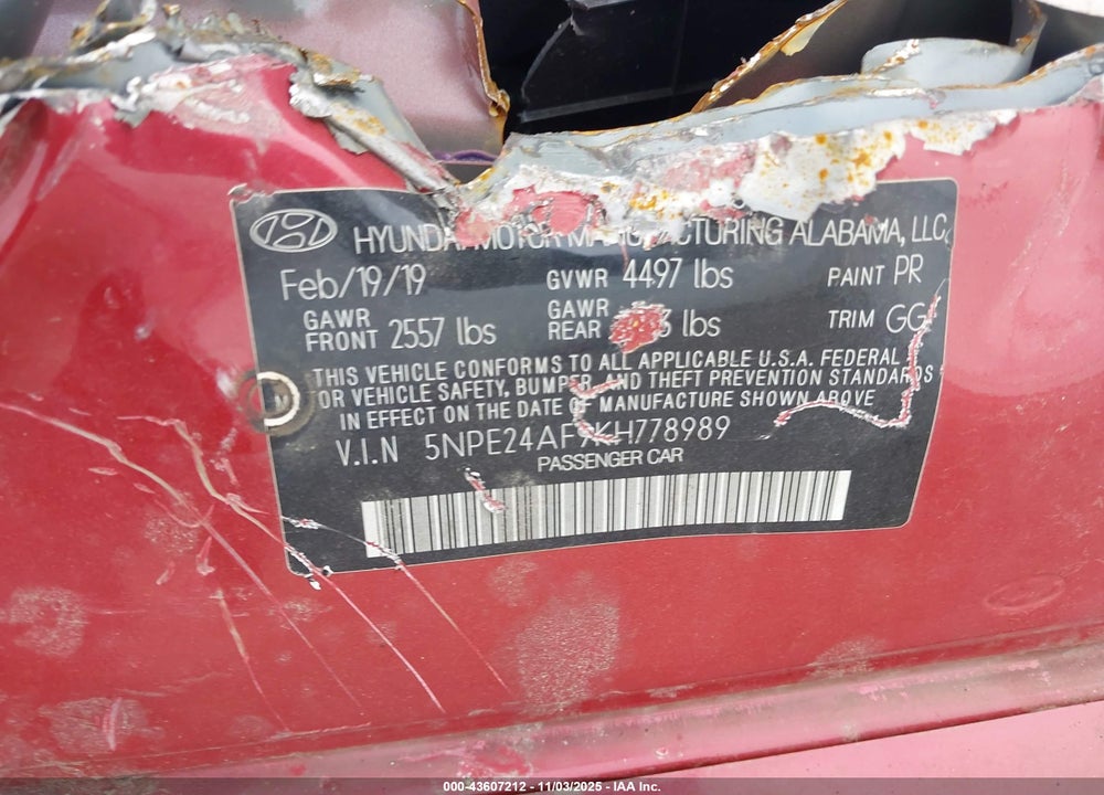 2019 HYUNDAI SONATA SE VIN: 5NPE24AF9KH778989