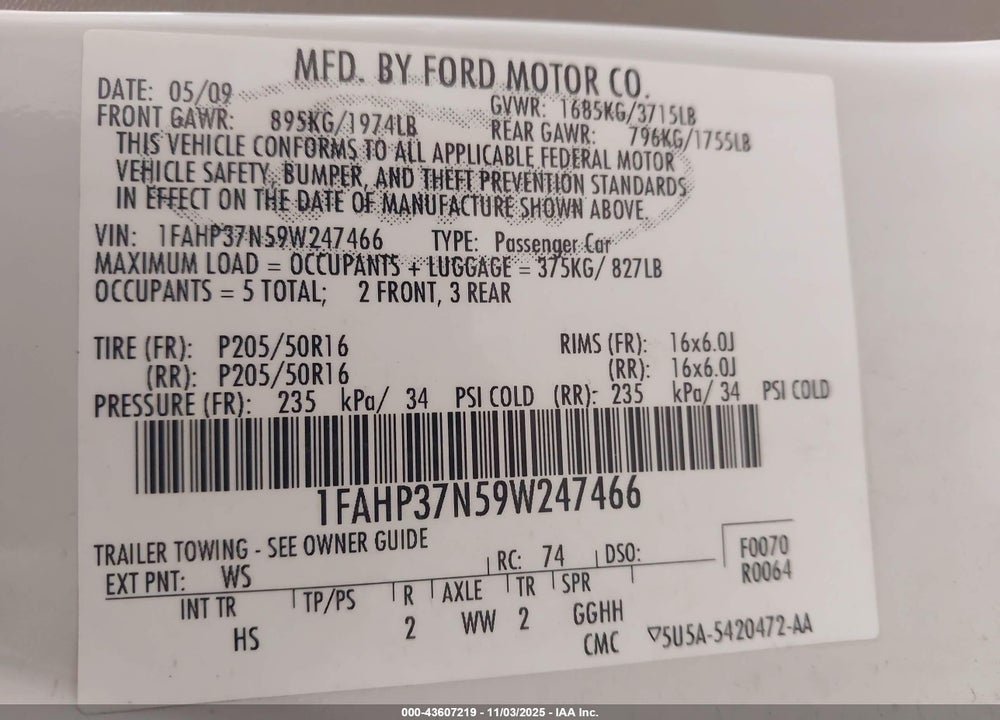 2009 FORD FOCUS SEL VIN: 1FAHP37N59W247466