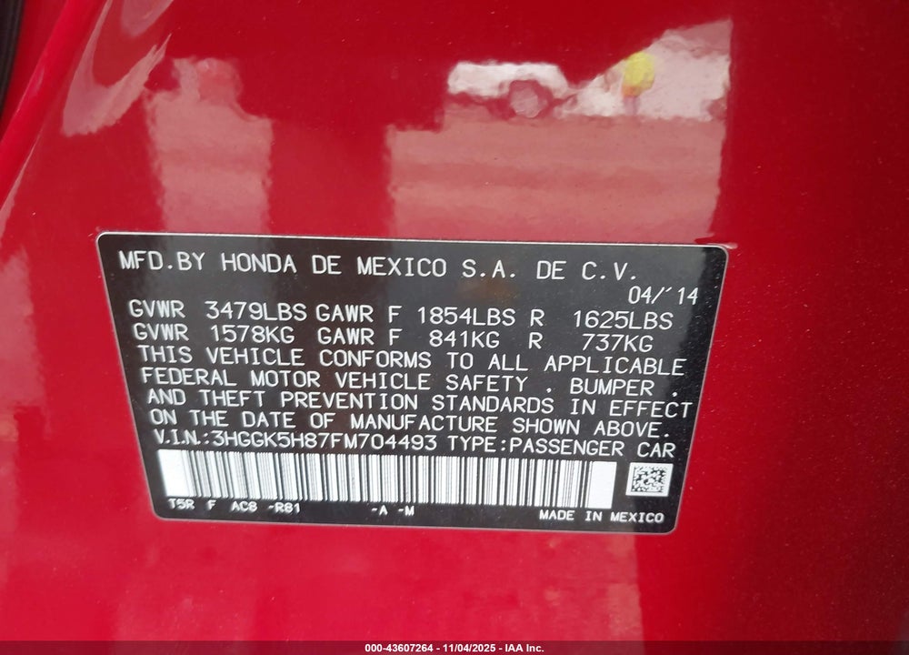 2015 HONDA FIT VIN: 3HGGK5H87FM704493