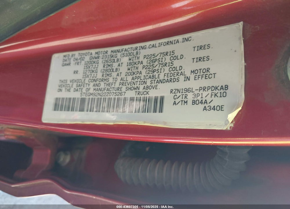2002 TOYOTA TACOMA PRERUNNER VIN: 5TEGM92N22Z075267