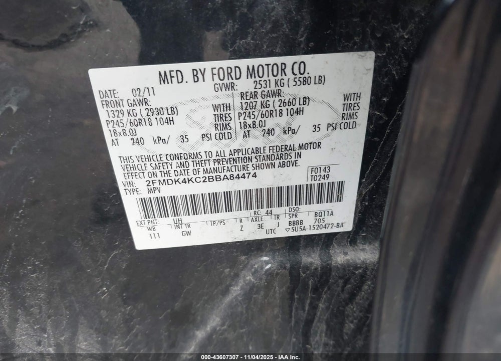 2011 FORD EDGE VIN: 2FMDK4KC2BBA84474