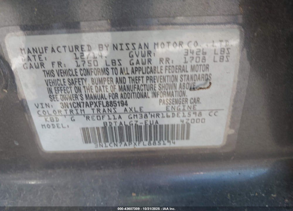 2015 NISSAN VERSA VIN: 3N1CN7APXFL885194