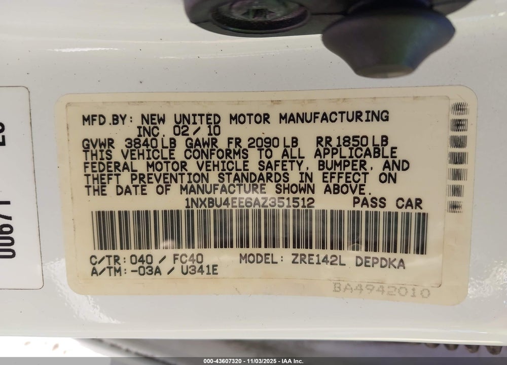2010 TOYOTA COROLLA VIN: 1NXBU4EE6AZ351512
