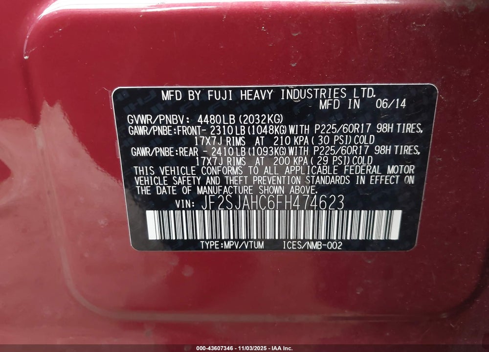 2015 SUBARU FORESTER VIN: JF2SJAHC6FH474623