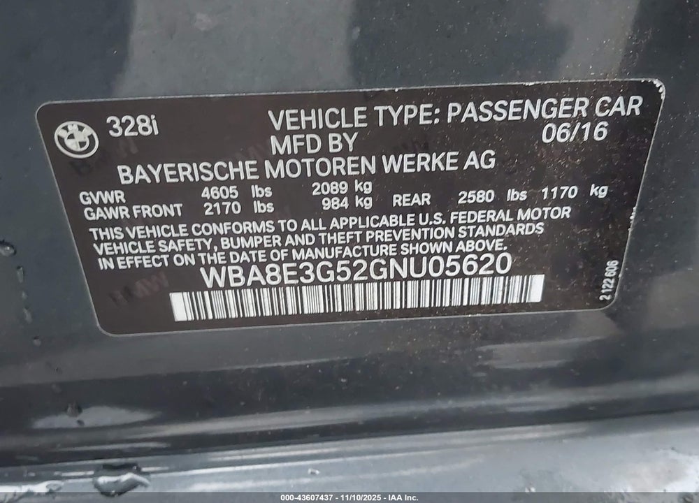 2016 BMW 328I XDRIVE VIN: WBA8E3G52GNU05620
