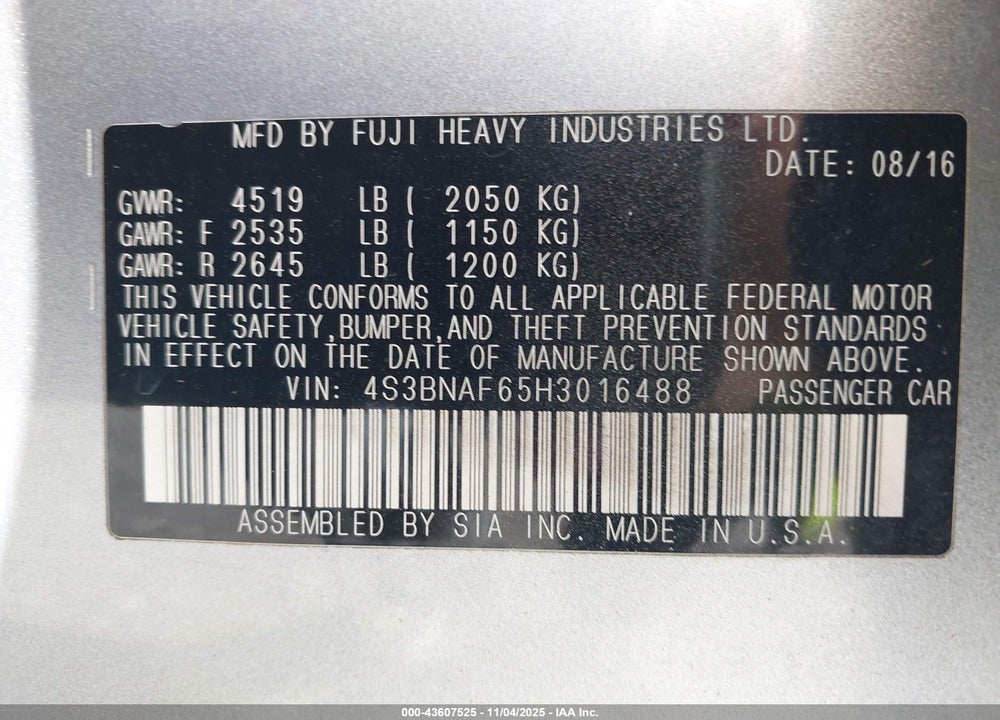 2017 SUBARU LEGACY 2.5I PREMIUM VIN: 4S3BNAF65H3016488