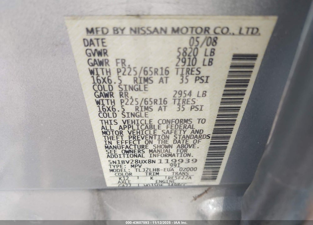 2008 NISSAN QUEST 3.5 S VIN: 5N1BV28UX8N119939