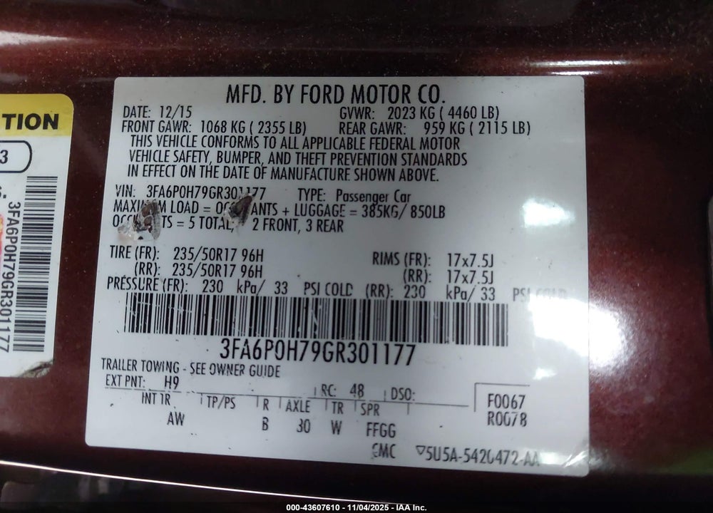 2016 FORD FUSION SE VIN: 3FA6P0H79GR301177