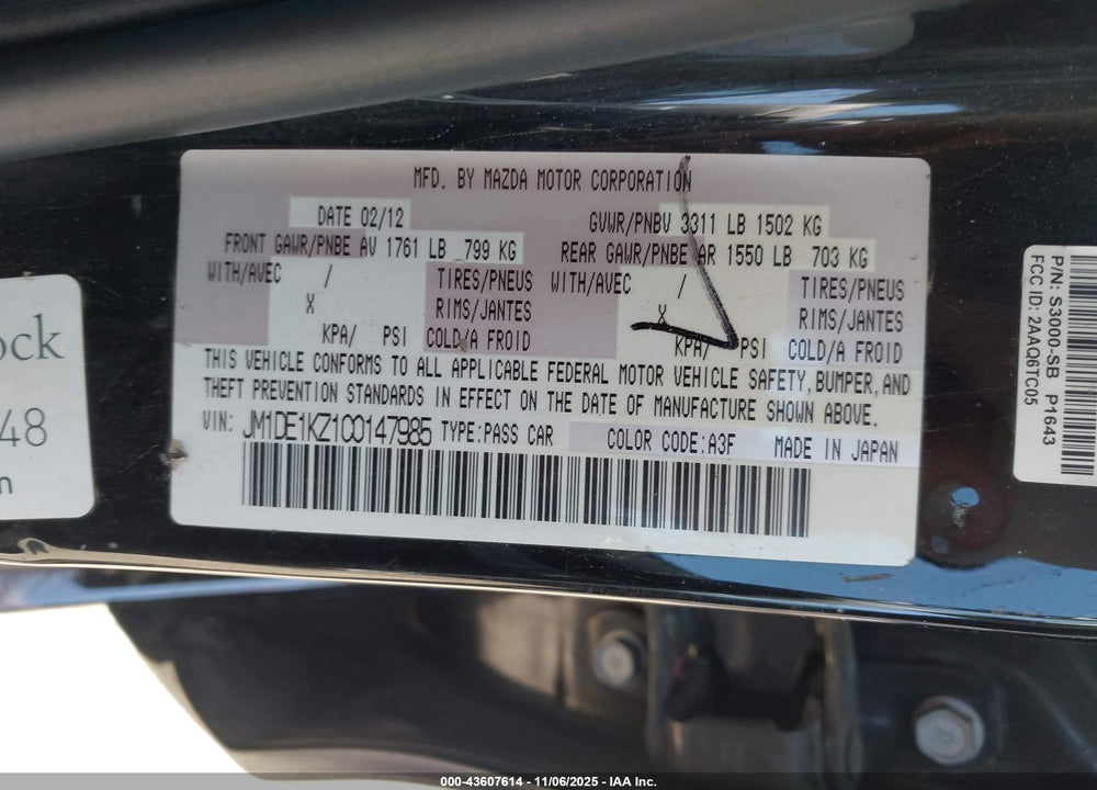 2012 MAZDA 2 SPORT VIN: JM1DE1KZ1C0147985