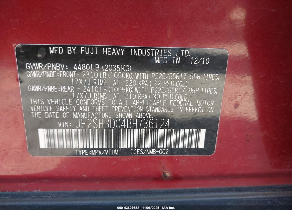 2011 SUBARU FORESTER 2.5X PREMIUM VIN: JF2SHBDC4BH736124