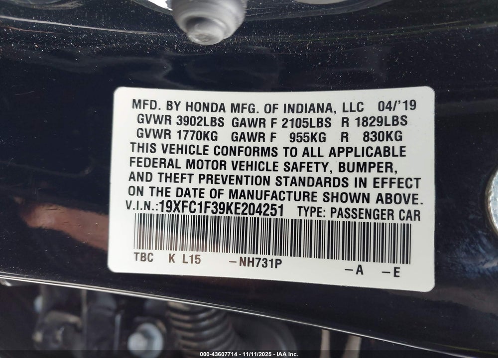 2019 HONDA CIVIC EX VIN: 19XFC1F39KE204251