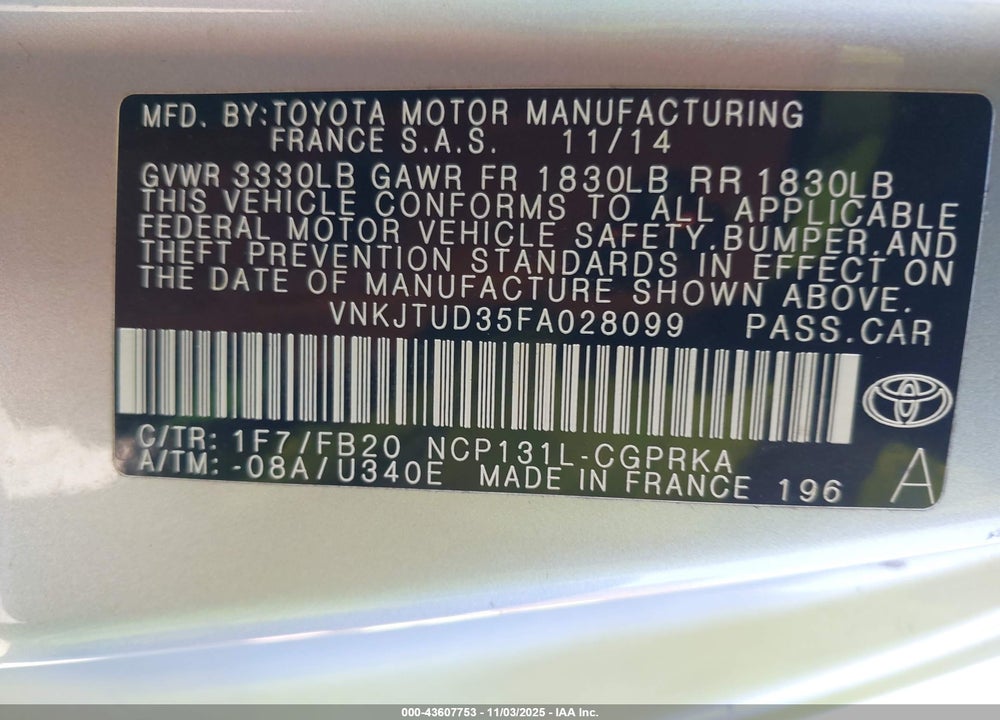 2015 TOYOTA YARIS LE VIN: VNKJTUD35FA028099
