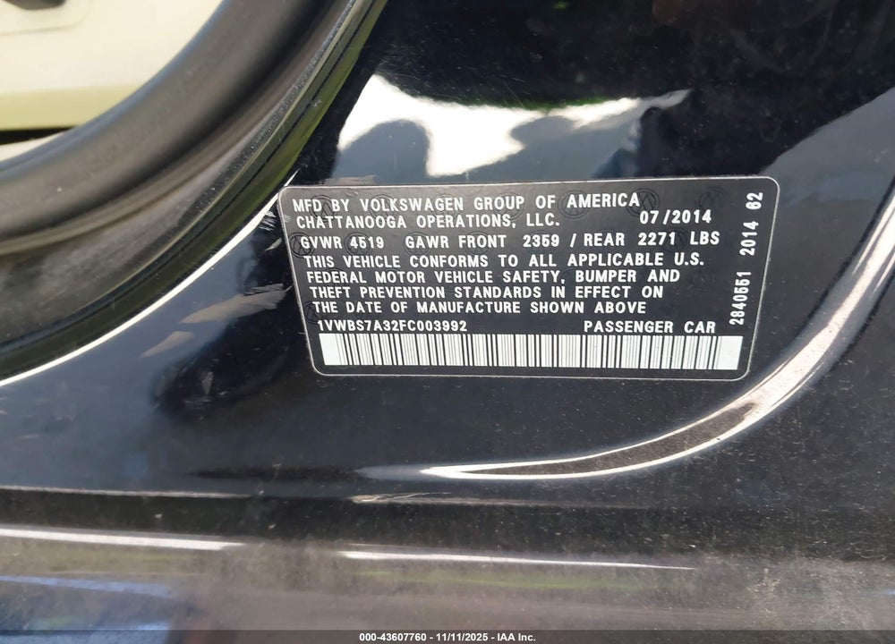 2015 VOLKSWAGEN PASSAT 1.8T SE VIN: 1VWBS7A32FC003992