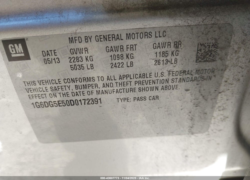 2013 CADILLAC CTS VIN: 1G6DG5E50D0172391