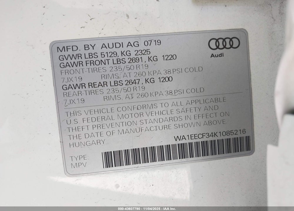 2019 AUDI Q3 2.0T S LINE PREMIUM VIN: WA1EECF34K1085216
