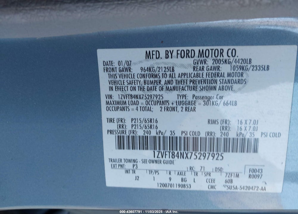 2007 FORD MUSTANG VIN: 1ZVFT84NX75297925