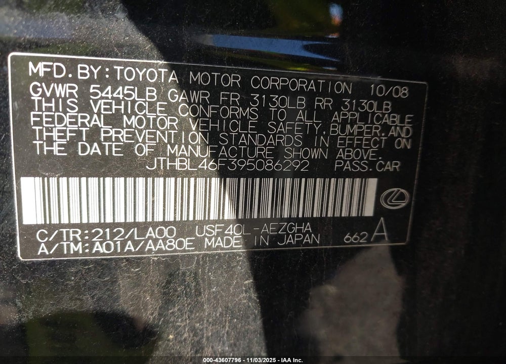 2009 LEXUS LS 460 VIN: JTHBL46F395086292