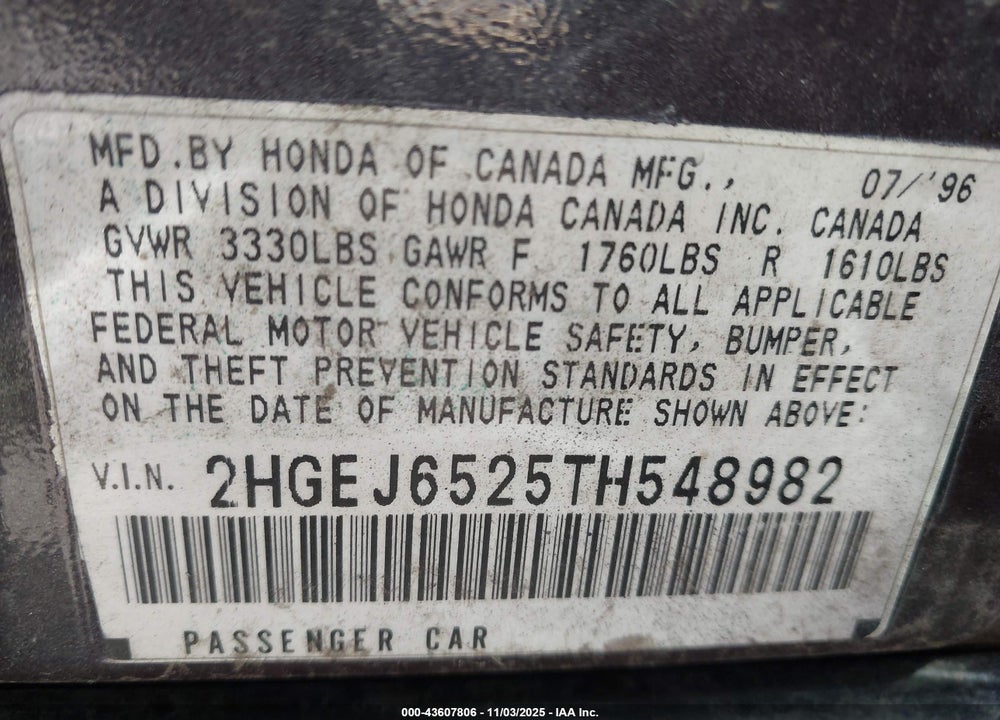 1996 HONDA CIVIC DX VIN: 2HGEJ6525TH548982