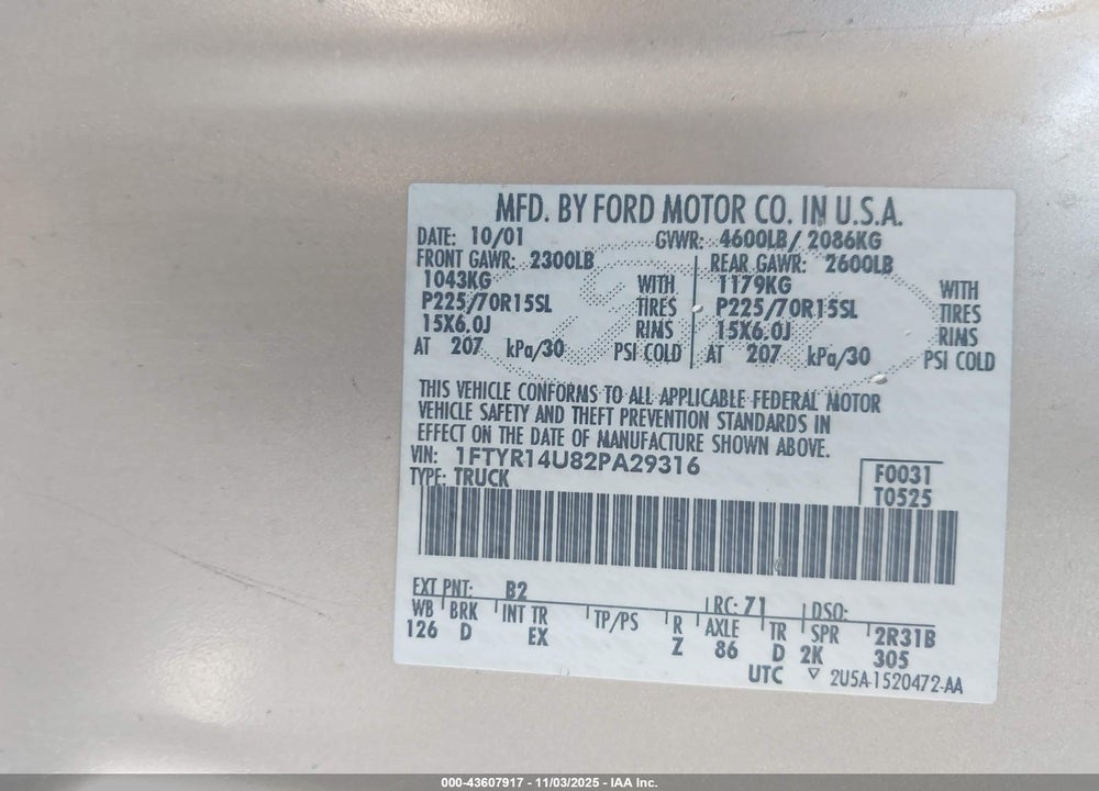 2002 FORD RANGER EDGE/TREMOR/XL/XLT VIN: 1FTYR14U82PA29316
