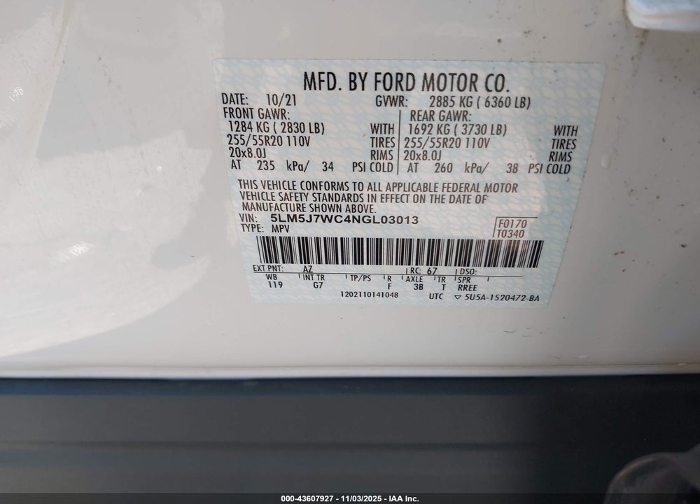 2022 LINCOLN AVIATOR RESERVE VIN: 5LM5J7WC4NGL03013