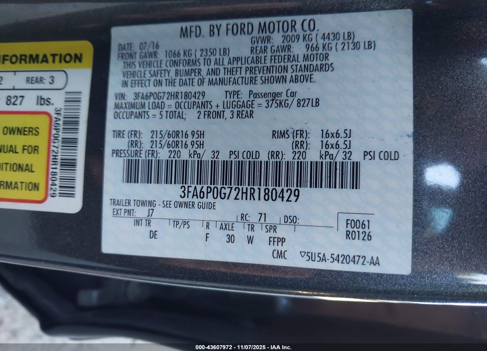 2017 FORD FUSION S VIN: 3FA6P0G72HR180429