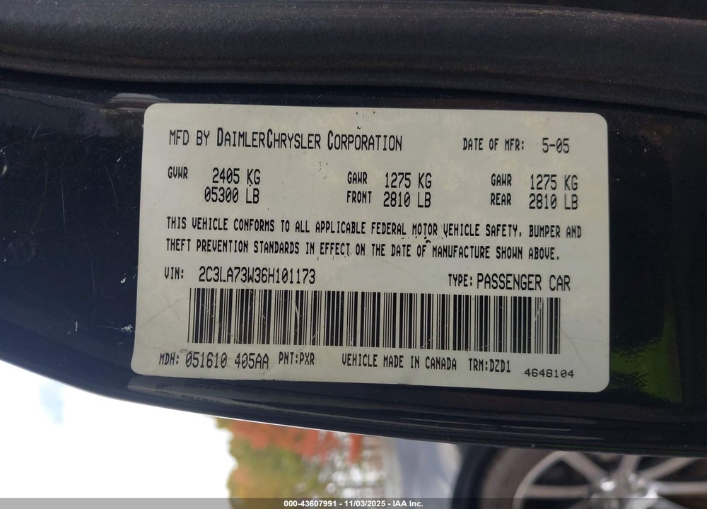 2006 CHRYSLER 300C SRT8 VIN: 2C3LA73W36H101173