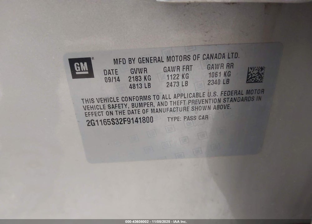 2015 CHEVROLET IMPALA 2LZ VIN: 2G1165S32F9141800