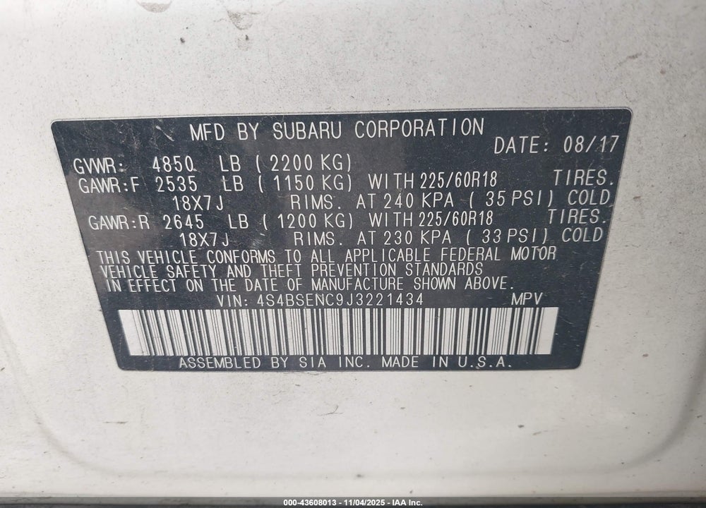 2018 SUBARU OUTBACK 3.6R LIMITED VIN: 4S4BSENC9J3221434