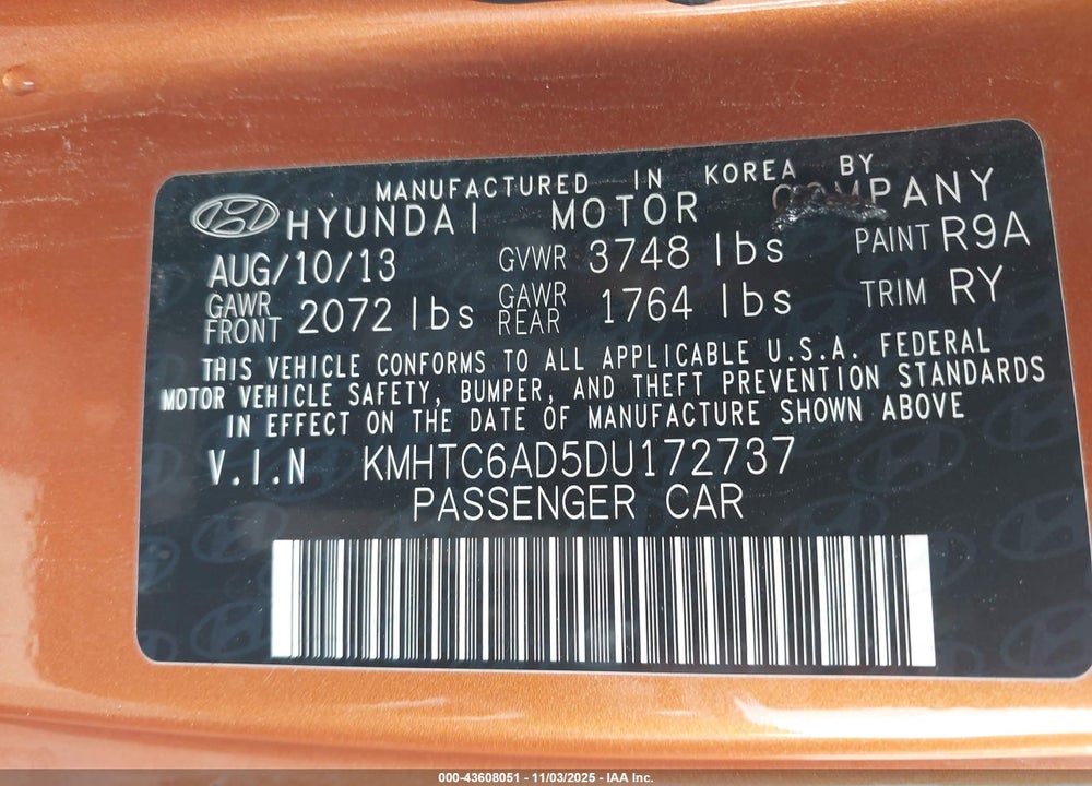 2013 HYUNDAI VELOSTER BASE W/BLACK VIN: KMHTC6AD5DU172737
