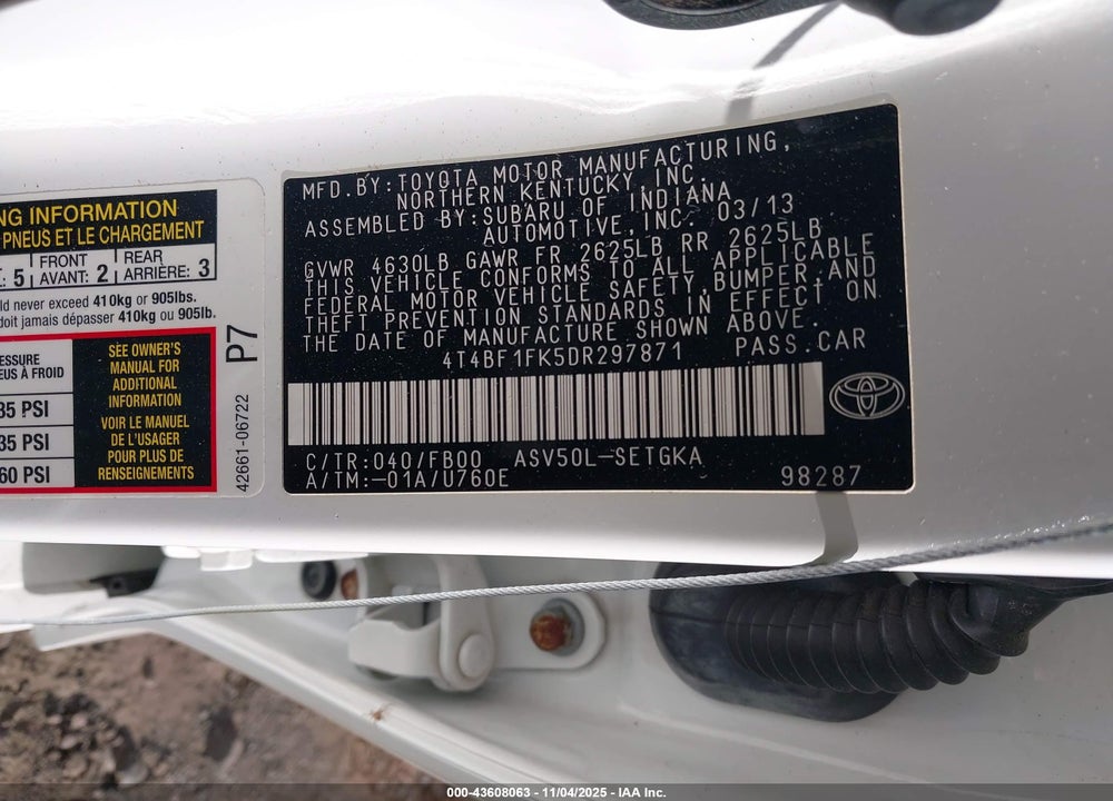 2013 TOYOTA CAMRY XLE VIN: 4T4BF1FK5DR297871